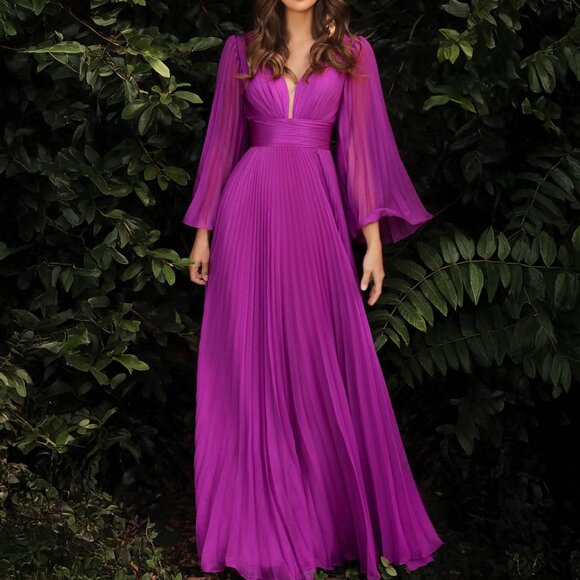 Magenta Formal Pleated Bell Sleeve Chiffon A-line Wedding guest Party Dress 12 - Picture 1 of 4